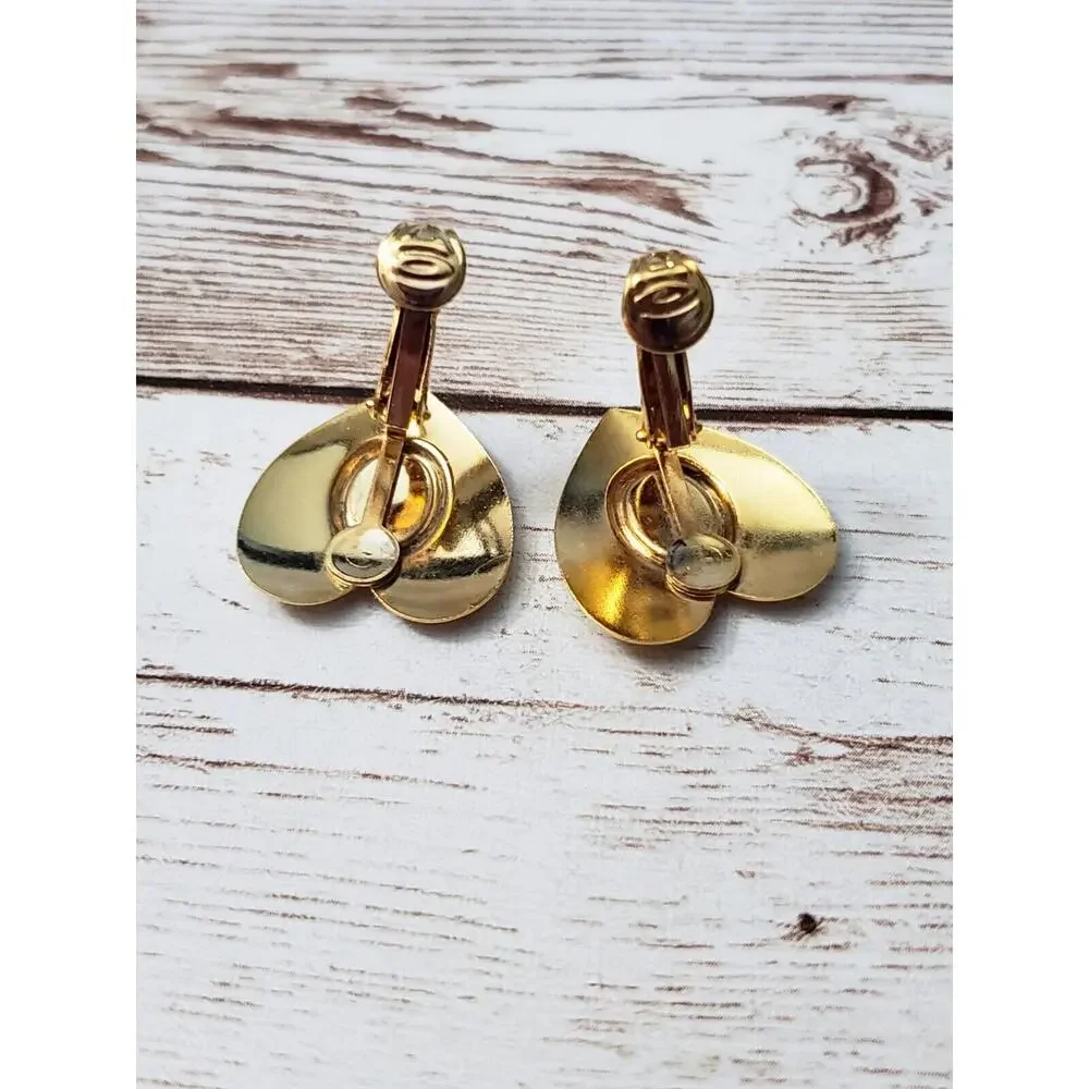 Vintage Clip On Earrings - Gold Tone Heart with Cream Center 7/8